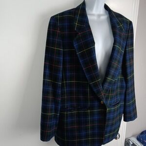Pendleton Blazer Womens Large Green Tartan Plaid Wool Made in USA Gold Buttons